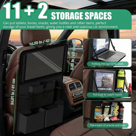 Car Backseat Organizer with Tablet Holder 11 Storage Pockets with Foldable Food Tray Protector Kick Mats for Kids Travel Accessories Organizer (Black 1Pack) - 0