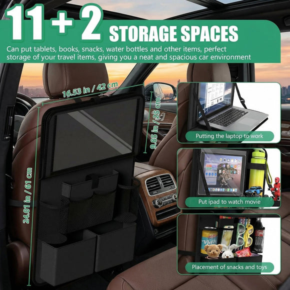 Car Backseat Organizer with Tablet Holder 11 Storage Pockets with Foldable Food Tray Protector Kick Mats for Kids Travel Accessories Organizer (Black 1Pack)