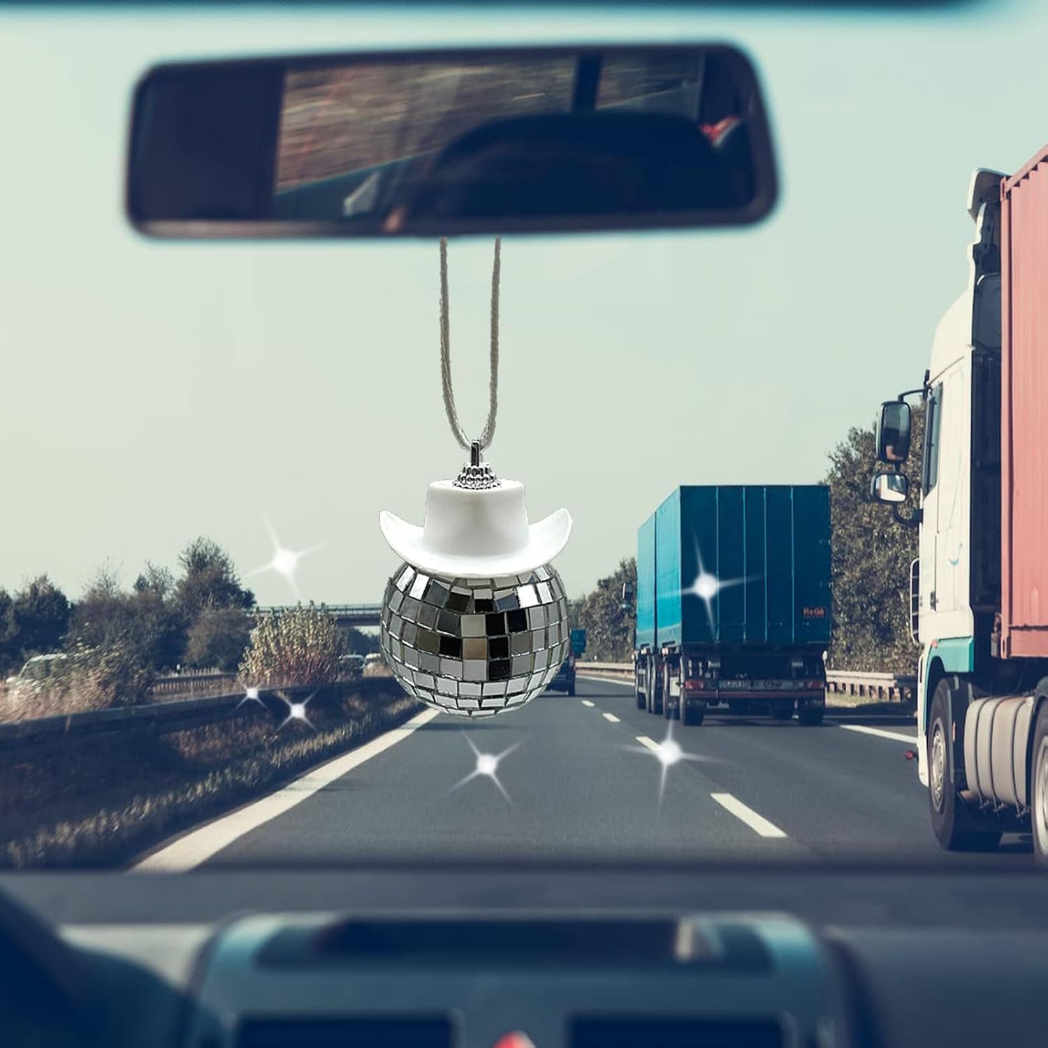 White Car Accessories, Disco Ball Cowboy Hat, Automotive Interior Accessories, Charm for Rear View Mirror