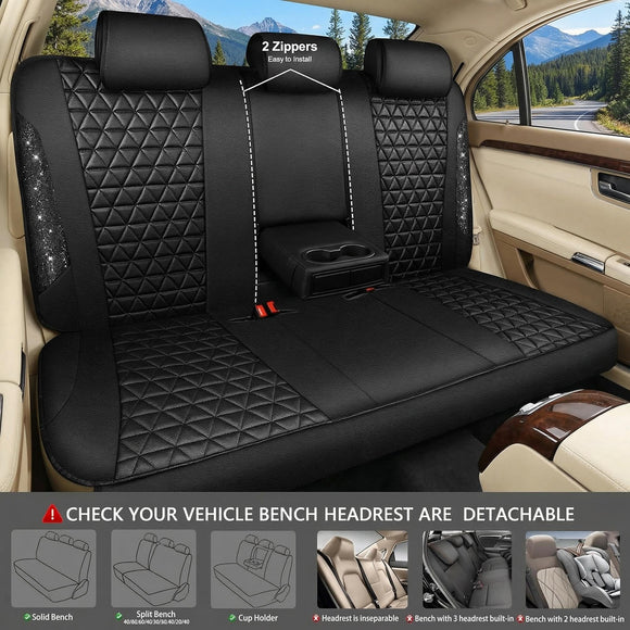 Bling Back Seat Cover Waterproof Leather Bench Rear Seat Cover Shining Diamond Truck Glitter Crystal Sparkly Rhinestone Universal Fit Armrest Automotive Kid Women Girl Black Diamond