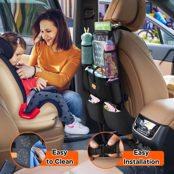 Upgraded Car Organizer with 11-inch Tablet Holder, 8 Pockets, Car Seat Protector for Road Trips - Car Storage and Organizers for Kids