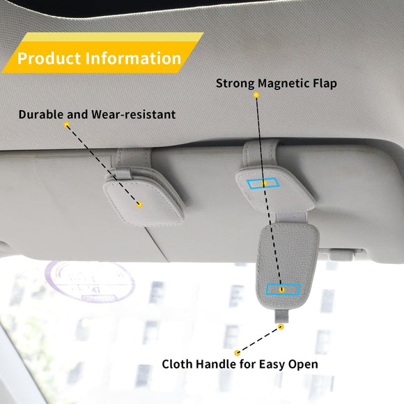 2 Packs Sunglasses Holders for Car Visor - Magnetic Leather Sunglasses Holder and Ticket Card Clip - Car Visor Accessories (Silver Grey)