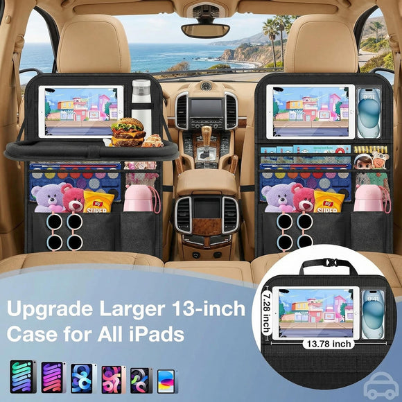 Car Backseat Organizer with Table Tray(2-Pack) 9 Storage Pockets Backseat Car Organizer and storage with Tablet Holder Kick Mats Back Seat Cover for Kids family Road Trip Essentials Travel