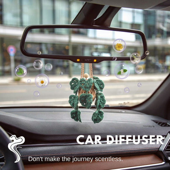 Cute Crochet Car Plant Monstera Essential Oil Diffuser Bottle - 12ml Refillable Green Car Accessory for Mirror Decor and Home Decor