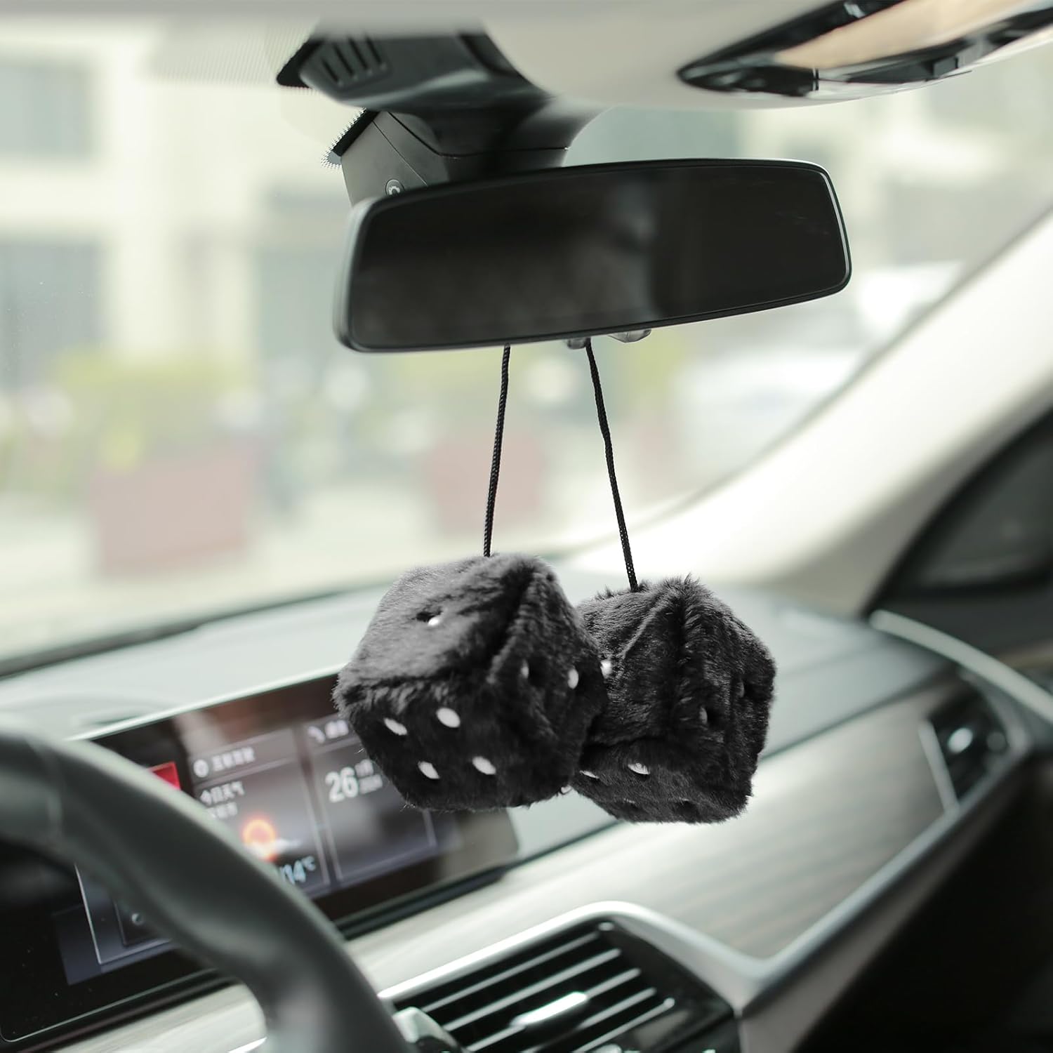2.75” Fuzzy Dice with Leather Dots Retro Car Mirror Hanging Accessories for Car Decoration (Black)