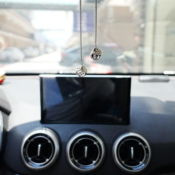 Creative Hanging Dice with Dots Car Metal Pendant Rear View Mirrors Charms Ornament (Silver)