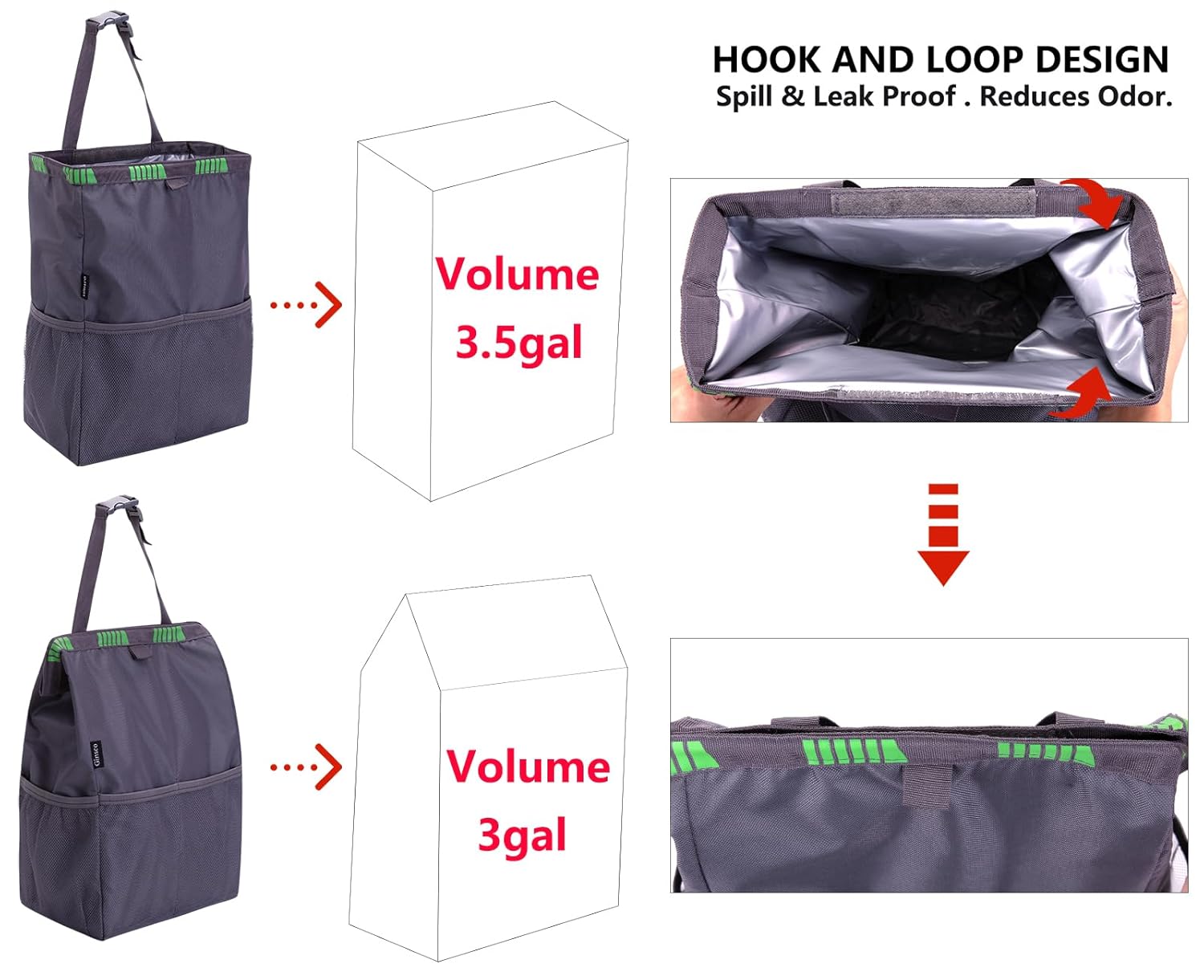 Car Trash Bag Hanging, 3.5 Gallons Large Capacity Car Trash Can for SUV, Leakproof Car Garbage Bag for Back Seat, Car Accessories, Foldable Car Organizer with 4 Pockets for Camping Gray