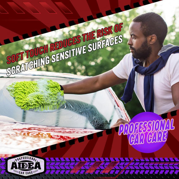 Car Wash Mitt Microfiber, 2PK-Scratch & Lint-Free, Premium Chenille Microfiber Wash Mitt Car Wash Brush-Green Regular Size (7.12''X10.14'')