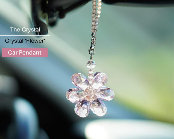 Crystal Flower Car Rear View Mirror Pendant Car Hanging Ornament Car Accessories, Crystal Beads Charm Decor Car Accessories for Women Interior, Pink