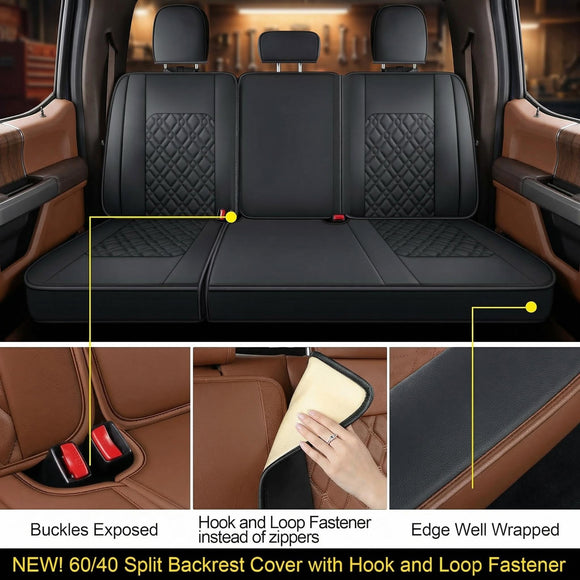 F150 Rear-only Seat Covers J03-Q3 with Waterproof Faux Leather Fit 2015-2025 Ford F150 and 2017-2025 F250 F350 F450 (Rear only Black)