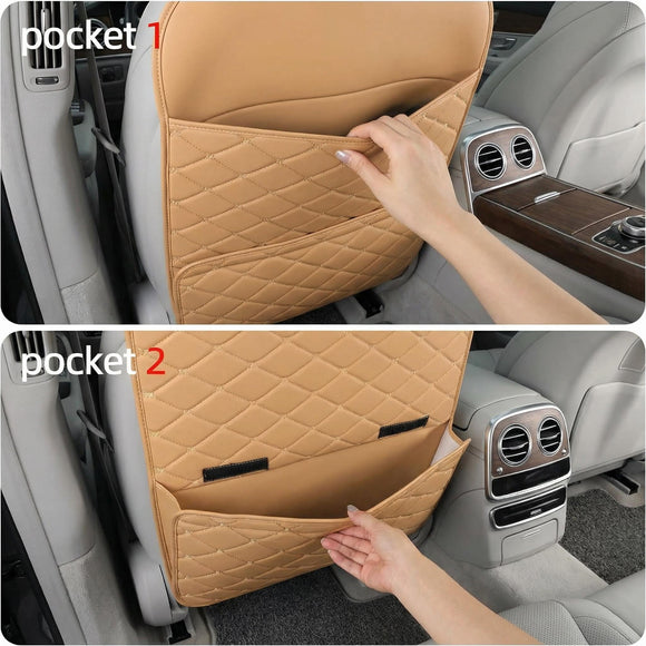 Seat Back Protector + Large Capacity Pocket Storage Organizer Preventing the Impact of Children Stepping on the Seat Backrest (Brown)