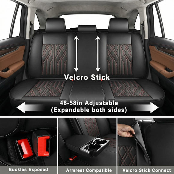 Leather Back Row Seat Covers Waterproof Rear Split Bench Car Seat Covers Vehicle Seat Cushion Cover Protector Universal Fit for Most Cars Sedan SUV Pickup Truck(Back Row/Black&Red)