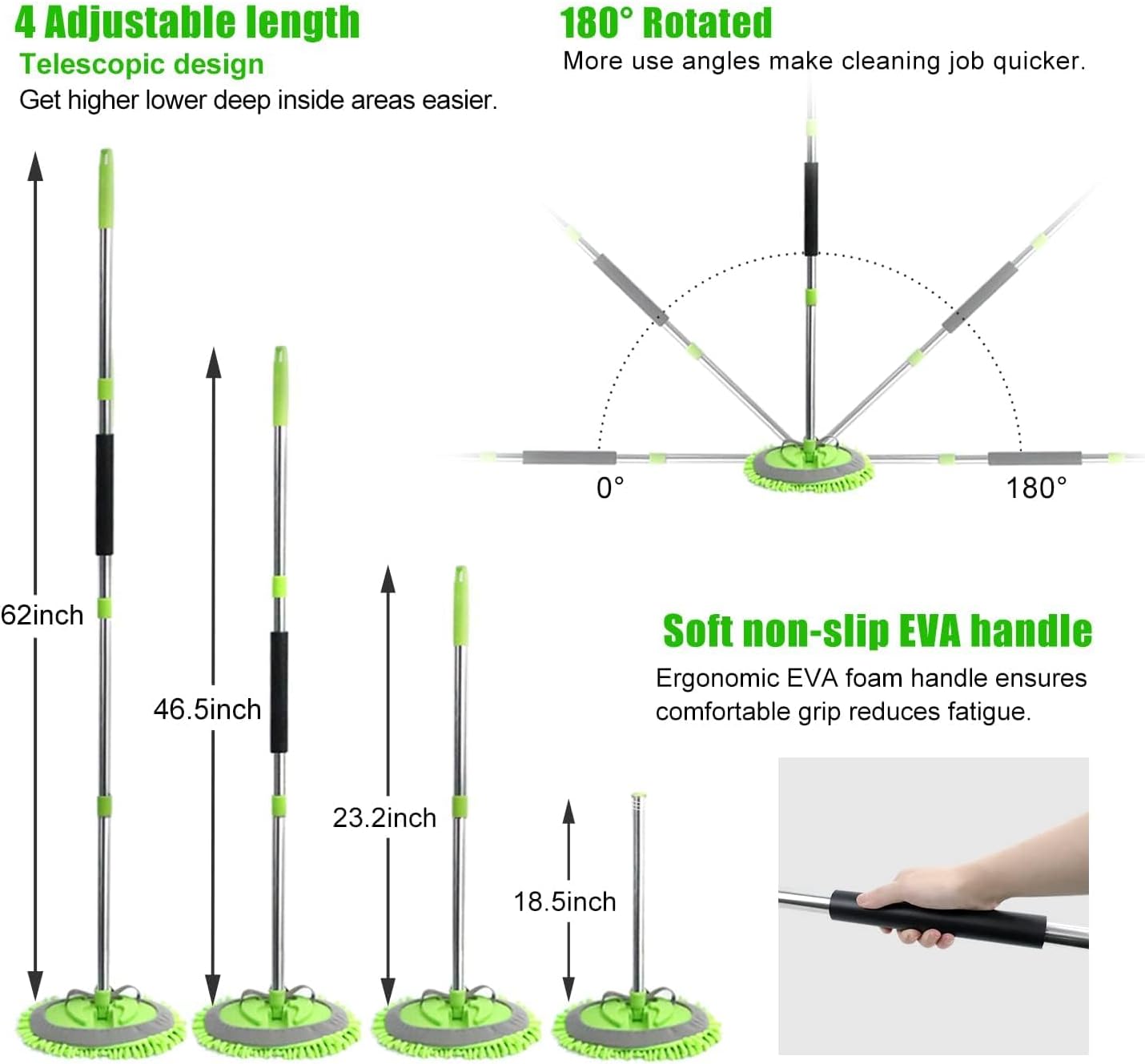 62'' Car Wash Brush with Long Handle Car Wash Mop Mitt Chenille Car Cleaning Kits Windshield Window Squeegee Car Duster Microfiber Towel Gloves for Cars RV SUV Truck 11PCS