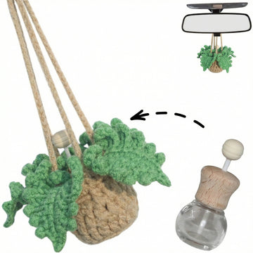 Handmade Crochet Car Air Freshener - Adorable Bendable Fern Plant with 8ml Empty Refillable Oil Diffuser Bottle Suitable for Car Rearview Mirror Hanging Home & Office Decor