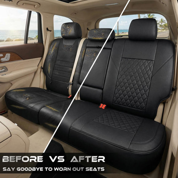 Faux Leather Back Seat Cover Universal Quilting Waterproof Bench Rear Seat Cover Universal car seat Cover Fit 95% Automotive Interior Covers for Sedans SUVs Vans Small Trucks All Black