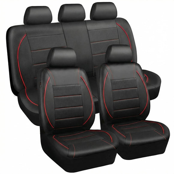 Universal FIT Piping Leather Car Seat Cover for suvs Van Trucks Airbag Compatible Inside Zipper Design and Reserved Opening Holes (Full Set Black and Red)