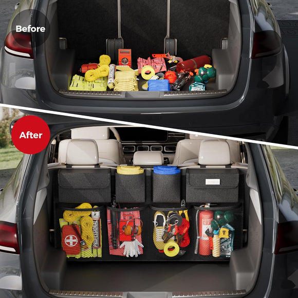 Oversized Trunk Organizer for Car, 3rd Gen Upgraded Car Trunk Organizer SUV with 4 Non-slip Strips, Hanging Car Storage Organizer with 8 Large Pockets, Car Accessories Interior–(43.3x18.9 in)