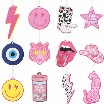 Laffact 12Pcs Preppy Boho Car Air Freshener Lightning Bolt Smile Cow Boots Pink Hat Lip Incense Chip Hanging Slice Essential Oil Pendant Diffuser Scented Decor for Car Interior Accessories Home