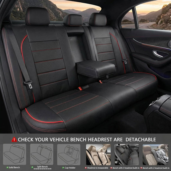 Leather Back Seat Cover Piping Waterproof Bench Seat Cover Rear Seat Cover Universal Fit for Cars Sedans SUVs Truck 95% Automotive Interior Backseat Car Covers (Rear Black and Red)