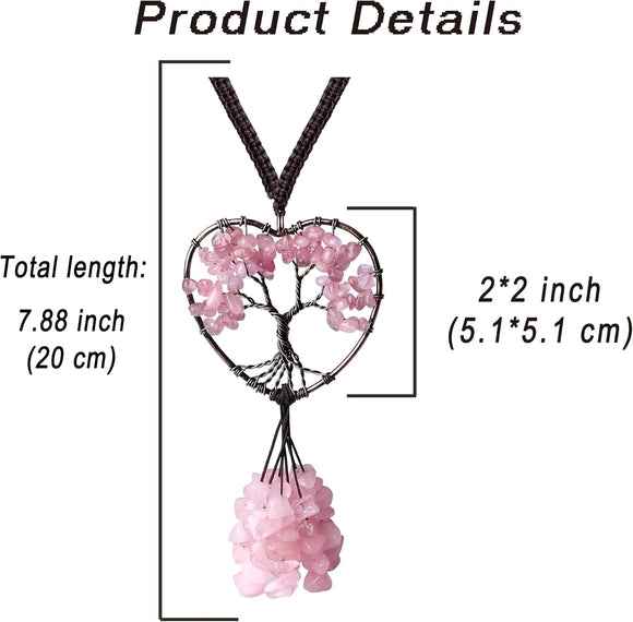 Pink Car Accessories Rose Quartz Crystal Rearview Mirror Hanging Accessories Crystal Car Hanging Ornament Heart Shape Hippie Boho Car Accessories Spiritual Decorations for Women