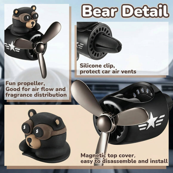 Cartoon Bear Car Air Fresheners 2 Pack Pilot Black Automotive Air Outlet Fan Cool Cute Air Freshener for Car Creative Car Perfume Decoration for Vehicle Vent Scent Clip Diffuser Ornament Accessories