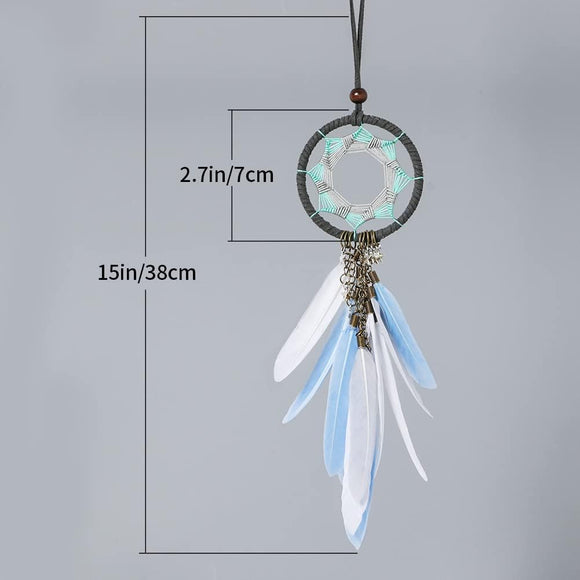 Dream Catcher Car Interior Rearview Mirror Hanging Decor Handmade Grids Nature Feather Small Boho Car Charms Pendant Accessories (Grey Feather)