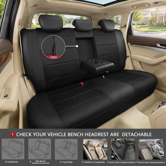 Leather Back Seat Cover Breathable Mesh Universal Bench Seat Cover Super 5mm Composite Sponge Inside Airbag Compatible Fits Most Automotive Cars SUVs Trucks and Vans (Rear Black)