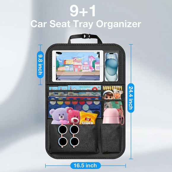 Car Backseat Organizer with Table Tray(2-Pack) 9 Storage Pockets Backseat Car Organizer and storage with Tablet Holder Kick Mats Back Seat Cover for Kids family Road Trip Essentials Travel