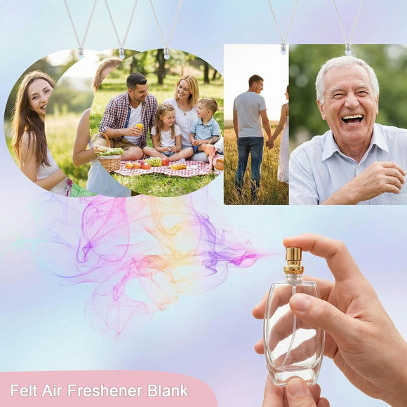 101Pcs Air Freshener Sublimation Blanks Kit Car Scented Hanging Sheets DIY Felt Sublimation Blank Air Freshener Sheet for Car and Home with Elastic Rope and Self-Seal Bags (Circle+Rectangle)