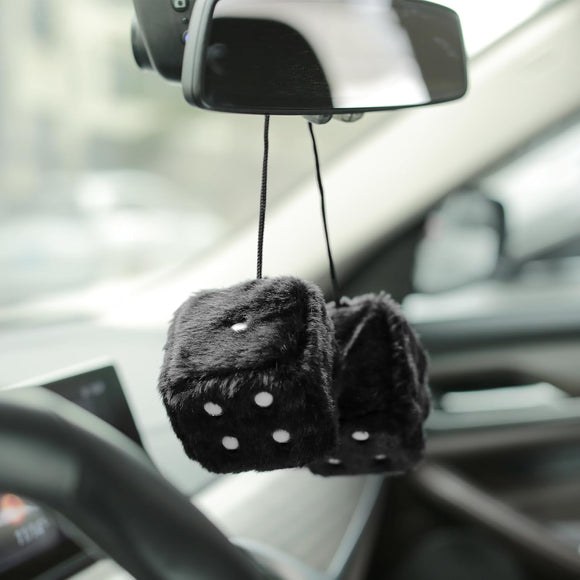 2.75” Fuzzy Dice with Leather Dots Retro Car Mirror Hanging Accessories for Car Decoration (Black)