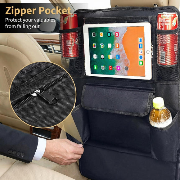Car Backseat Organizer with Touch Screen Tablet Holder 9 Storage Pockets Protectors Kick Mats Travel Accessories for Kids-Black