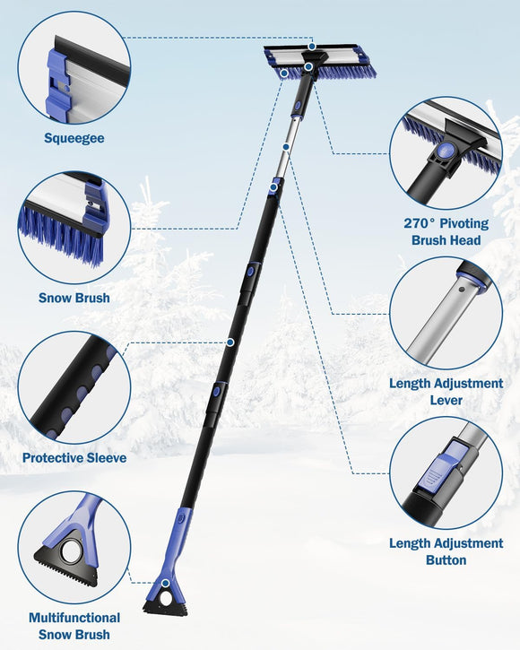 47” Car Snow Brush, 4 in 1 Extendable Auto Car Snow Removal Broom Brush with Squeegee, 270° Foam Grip Car Retractable Snow Shovel with Durable Ice Scraper and Gift Gloves for Car SUV, Blue.