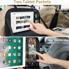 Car Backseat Organizer with Touch Screen Tablet Holder 9 Storage Pockets Storage Organizer Protectors Kick Mats Travel Accessories (Black 2 Pack with Food Tray) - 0