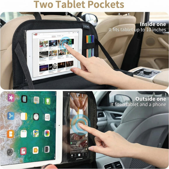 Car Backseat Organizer with Touch Screen Tablet Holder 9 Storage Pockets Storage Organizer Protectors Kick Mats Travel Accessories (Black 2 Pack with Food Tray)