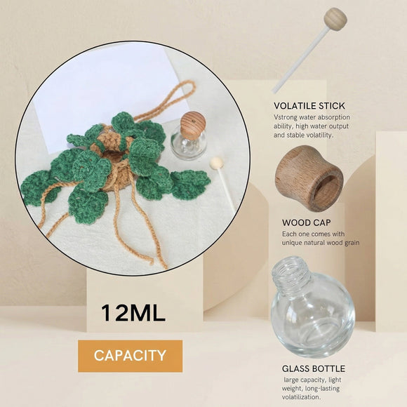 Cute Crochet Car Plant Monstera Essential Oil Diffuser Bottle - 12ml Refillable Green Car Accessory for Mirror Decor and Home Decor
