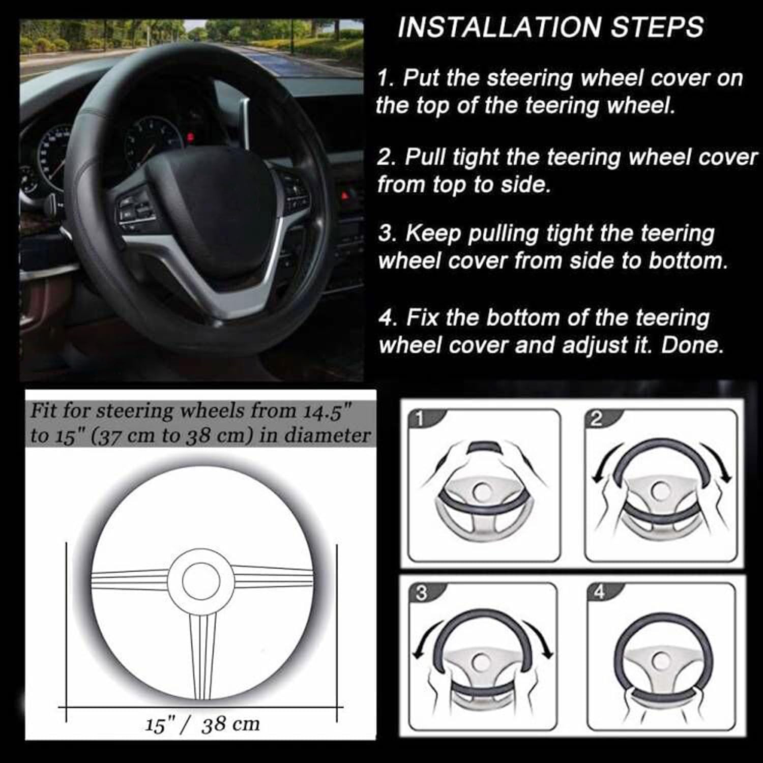 Microfiber Leather Steering Wheel Cover Universal 15 inch (Black)