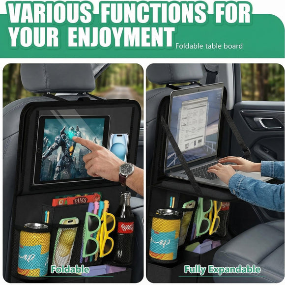 Car Backseat Organizer with Tablet Holder 11 Storage Pockets with Foldable Food Tray Protector Kick Mats for Kids Travel Accessories Organizer (Black 1Pack)