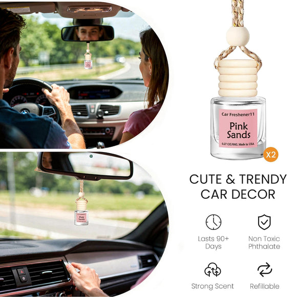 Hanging Car Air Freshener Long Lasting Essential Oil Diffuser Non-Toxic Pink Sands Scent Cute Car Fresheners for Women 2 Pack Made in USA