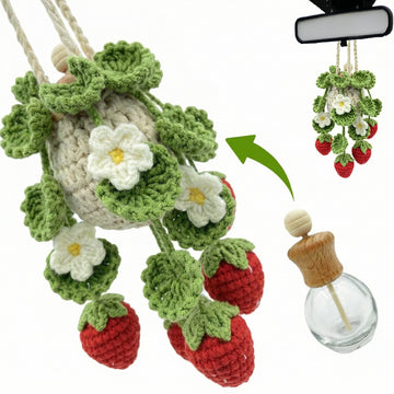 Crochet Car Air Freshener 15ml Empty Refillable Oil Diffuser Bottle with Hanging Crochet Strawberry Plant for Car Rearview Mirror Air Freshener Diffuser for Home and Office Decor