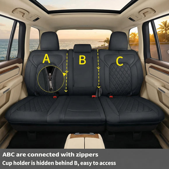 Fit Ram 1500 2019-2025 Crew Cab Rear Bench Seat Covers Waterproof Custom Fit Ram 4/6 Split Rear Flat Seats with Unremovable Middle Headrest