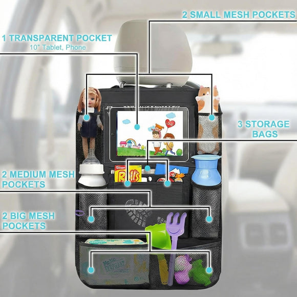 Car Organizer Back Seat with 9 Storage Pockets & 10 Tablet Holder 1Pack Seat Back Cover for Kids Toddlers Kick Mats Protector Keep Cars Vehicles Organized & Tidy Travel Accessories