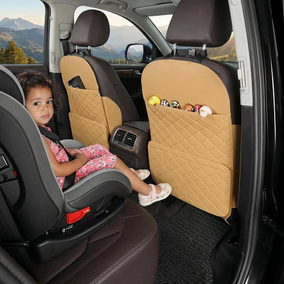 Seat Back Protector + Large Capacity Pocket Storage Organizer Preventing the Impact of Children Stepping on the Seat Backrest (Brown)