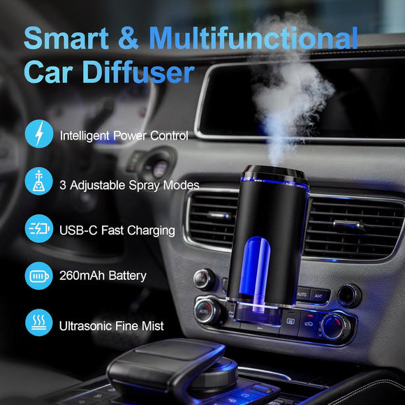Smart Car Air Freshener Diffuser Auto On/Off Aromatherapy Diffuser with 3 Scent Modes USB Rechargeable Vent Clip 6 Essential Oil Refills Included Long-Lasting Fragrance Car Decor & Gift
