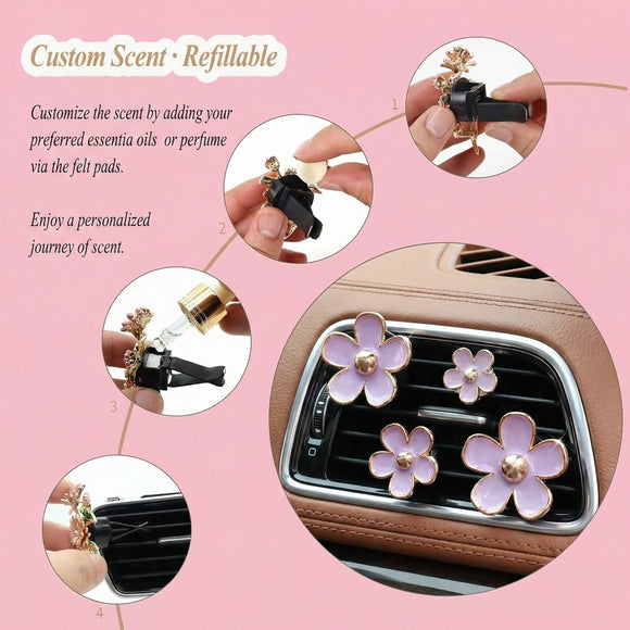 Cute Flowers Air Vent Clips Car Air Freshener 4pcs Purple Girly Daisy Flower Car Accessories for Women Lavender Car Decorations Refillable Clips On Air Freshener