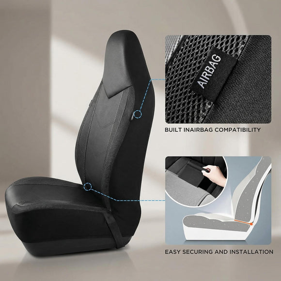 Leather Car Seat Covers Sports Carbon Fiber & Mesh Design High-Back Two Front Set Waterproof Automotive Seat Covers Airbag Compatible Universal Fit for Most Cars (Black & Black)