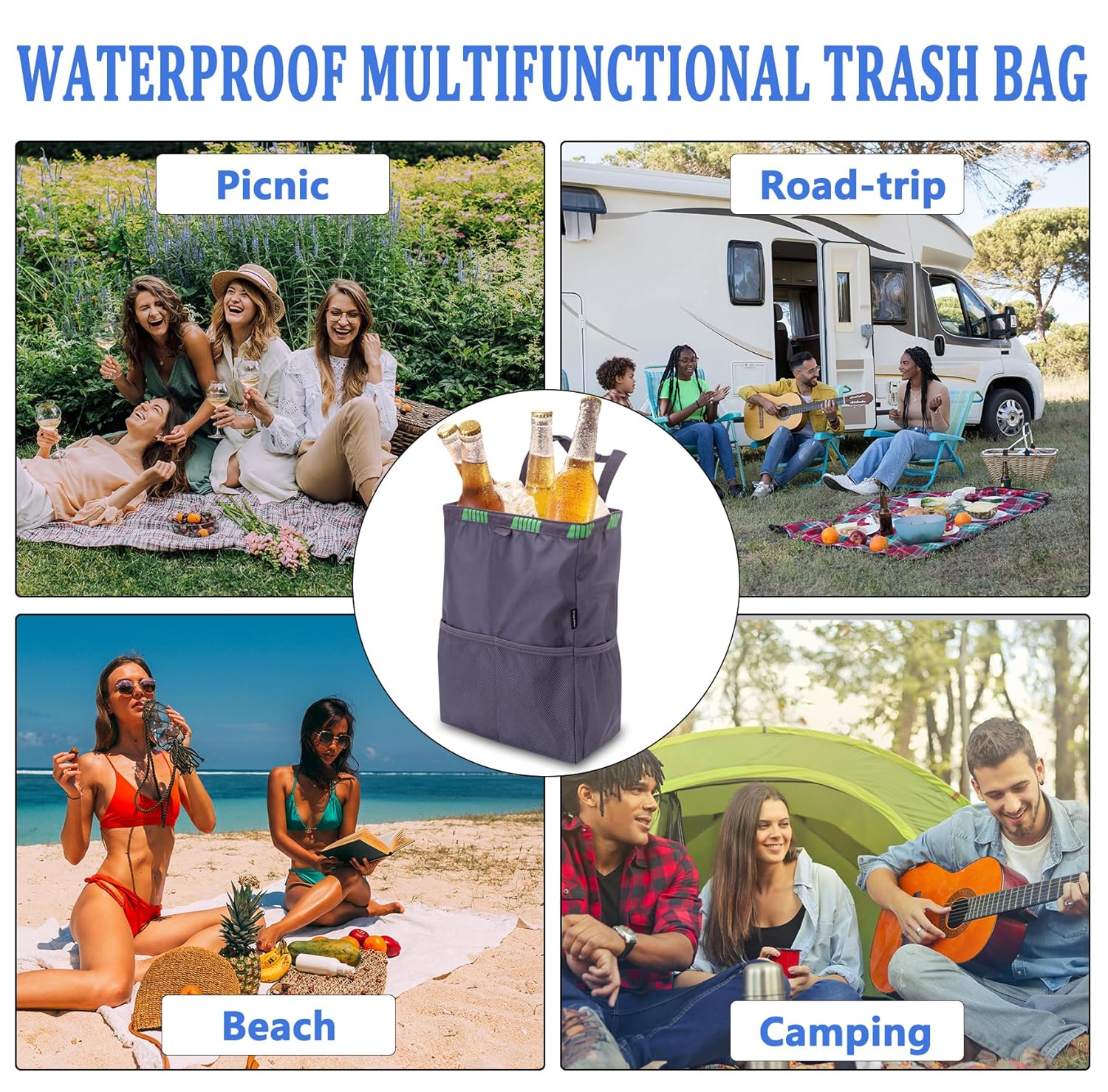 Car Trash Bag Hanging, 3.5 Gallons Large Capacity Car Trash Can for SUV, Leakproof Car Garbage Bag for Back Seat, Car Accessories, Foldable Car Organizer with 4 Pockets for Camping Gray
