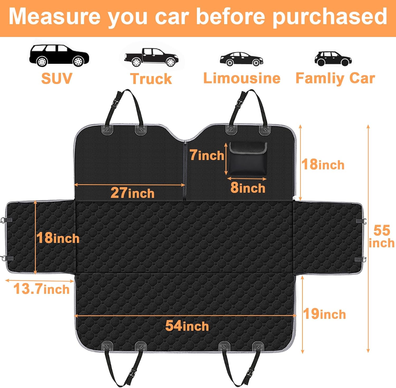 Dog Car Seat Cover for Back Seat, Waterproof Car Seat Protector for Dogs with Side Flaps, Scratchproof Dog Backseat Cover, Dog Hammock with Nonslip Bottom for SUVs, Standard(54" Wx55 L)