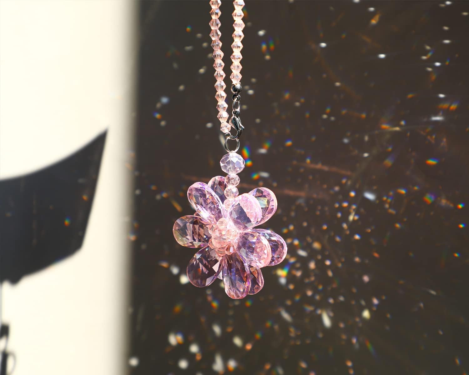 Crystal Flower Car Rear View Mirror Pendant Car Hanging Ornament Car Accessories, Crystal Beads Charm Decor Car Accessories for Women Interior, Pink