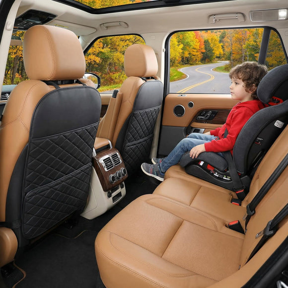 Seat Back Protector + Large Capacity Pocket Storage Organizer Preventing the Impact of Children Stepping on the Seat Backrest (Black)