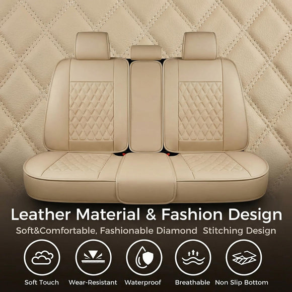 Beige Back Seat Cover Adjustable Leather Rear Seat Cover Car Back Seat Cover with Breathable Non-Slip Universal Fit for Most Cars Sedan SUV Pickup Truck (Back Row/Beige)